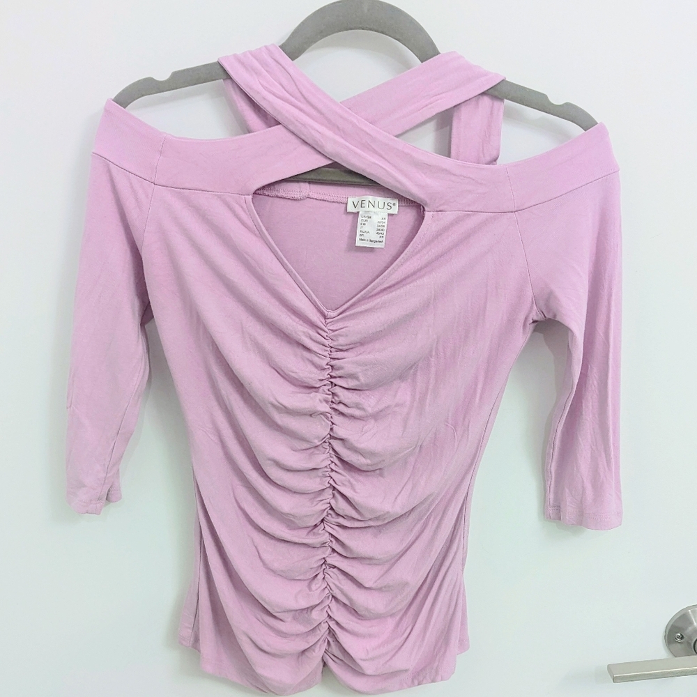 Pink Cold-Shoulder Cutout 3/4 Sleeve Ruched Top Venus XS